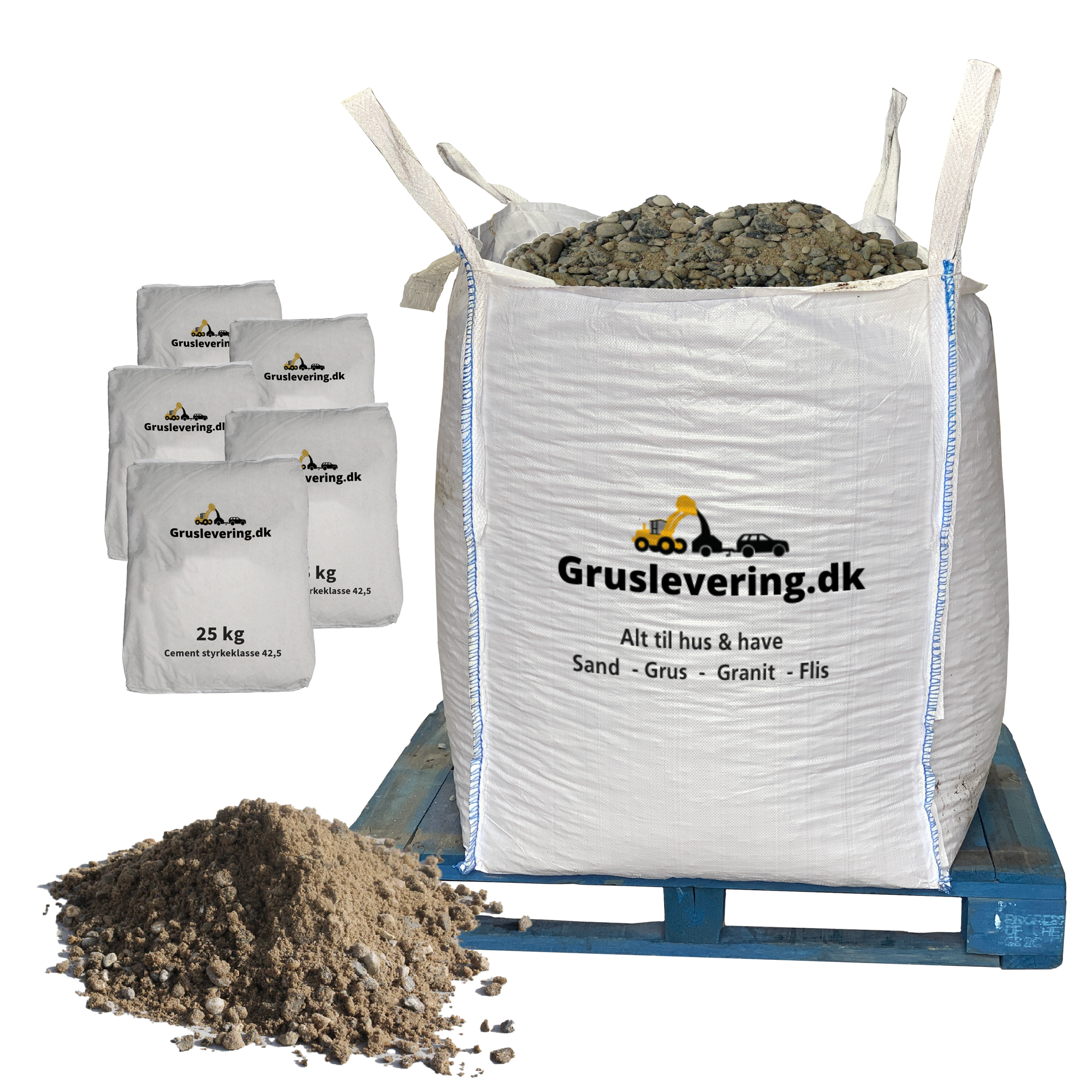 1000kg støbemix 0/8 + 125kg ekstra stærk cement. Fri fragt.