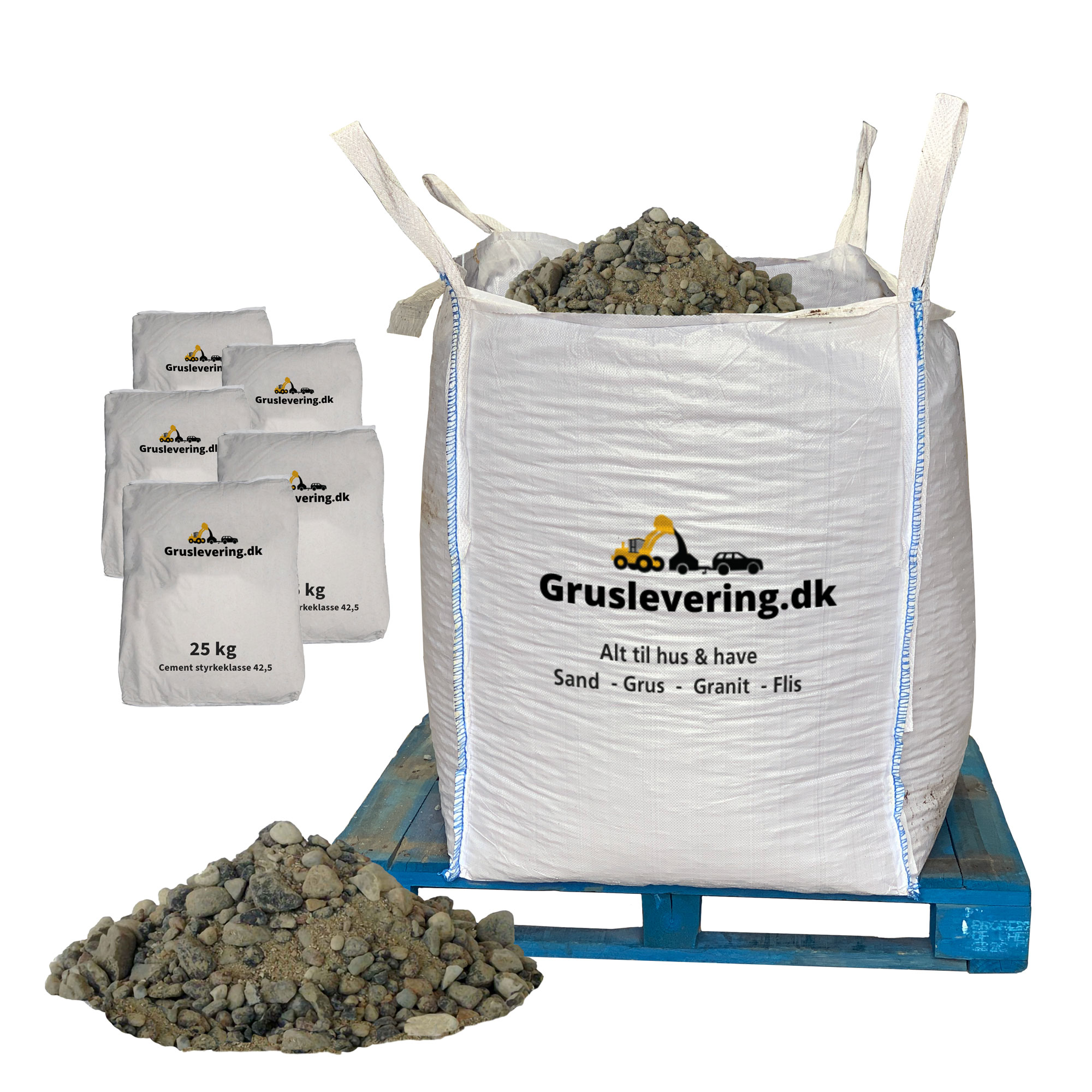 1600kg Støbemix 0/11 + 225kg cement. Frit leveret i hele Danmark.