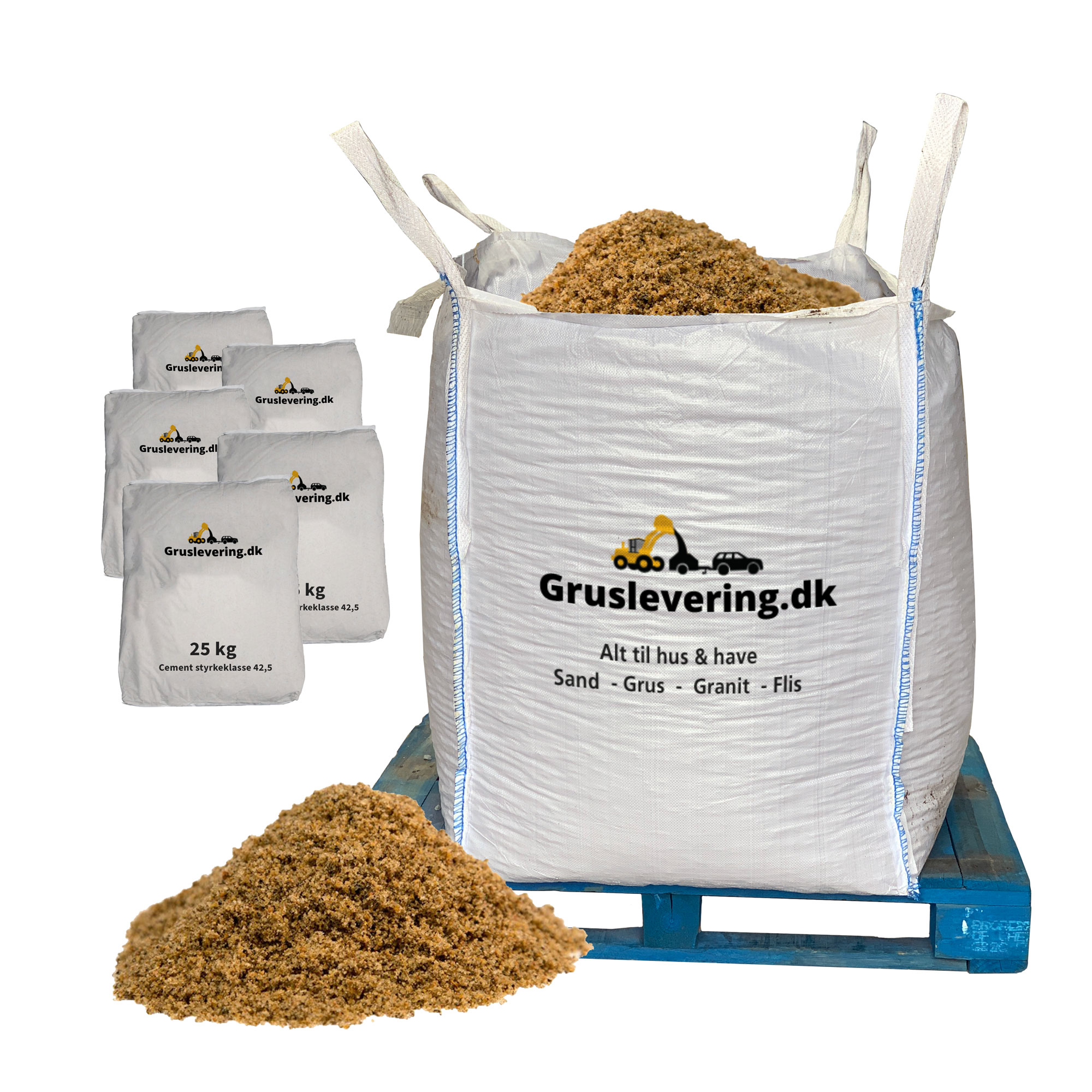 Støbesand 0 - 2mm 1000kg+ 125kg cement.