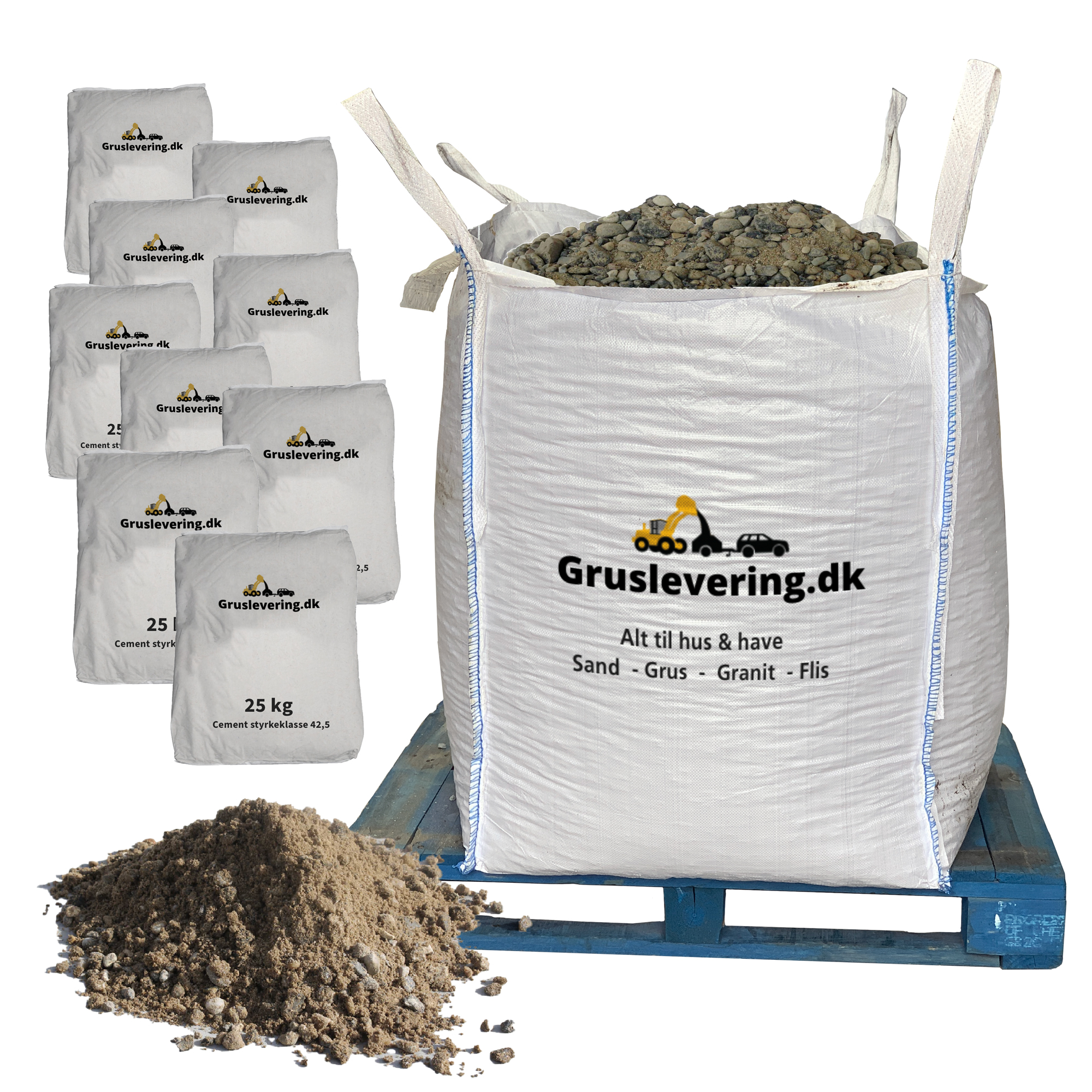 1600kg støbemix 0/8 + 225kg ekstra stærk cement. Fri fragt.