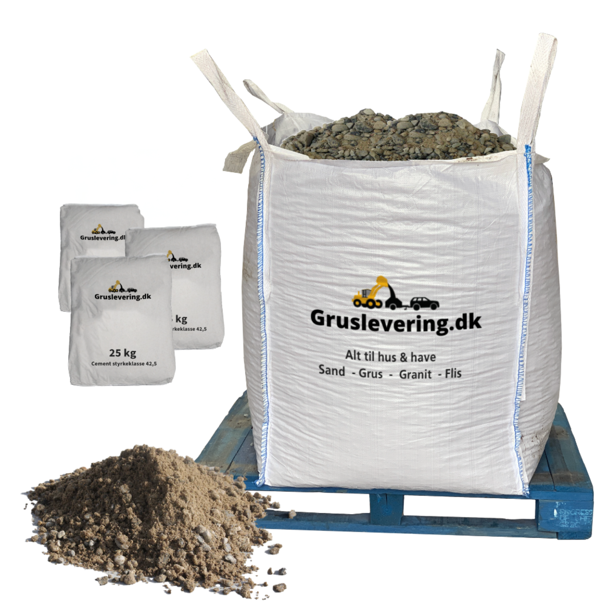 600 kg støbemix 0/8 + 75 kg ekstra stærk cement. Fri fragt.