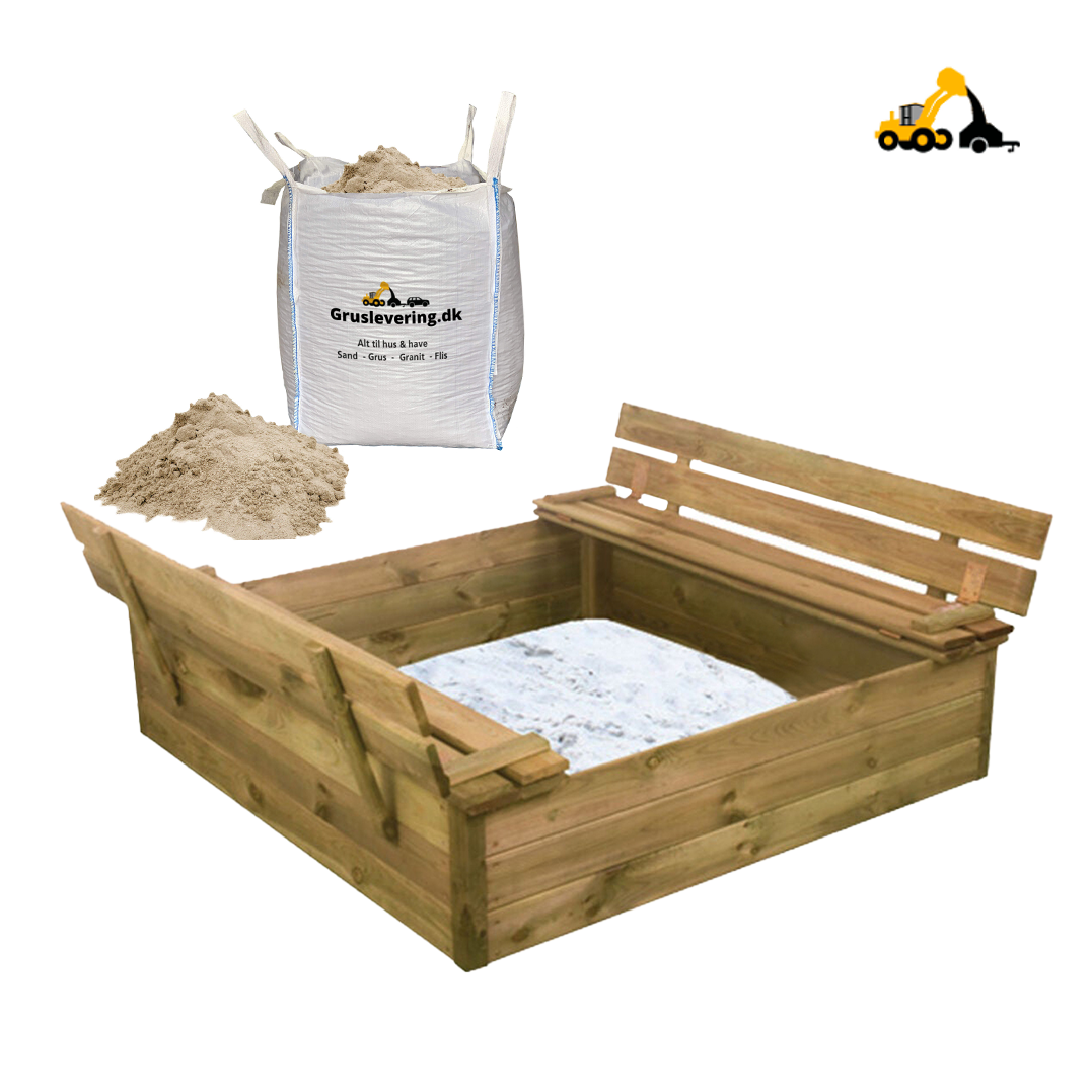 Sandkasse med bænk og låg 120 x 120 cm inkl. 450kg sand
