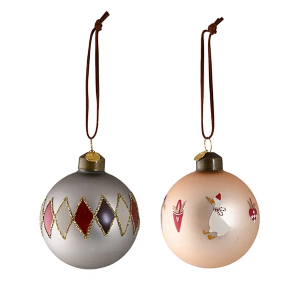 Det Gamle Apotek Julekugler 2stk. glas - Gæs og Mønster Ø7cm.