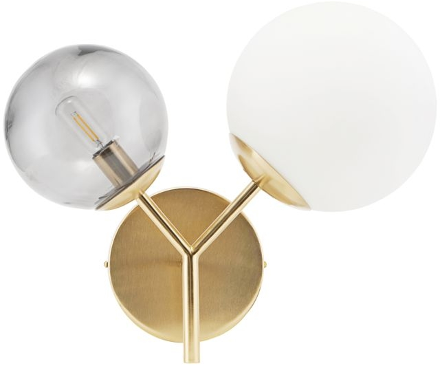 Væglampe House Doctor Twice i glas og jern med messingfinish, hvid og grå glaskugler