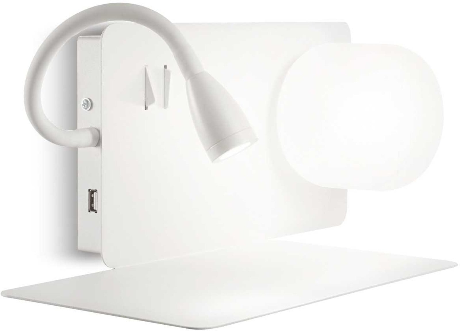 Væglampe med hylde Ideal Lux Book - hvid pulverlakeret metal, satinglas, justerbar LED 200 lm, integreret USB-stik