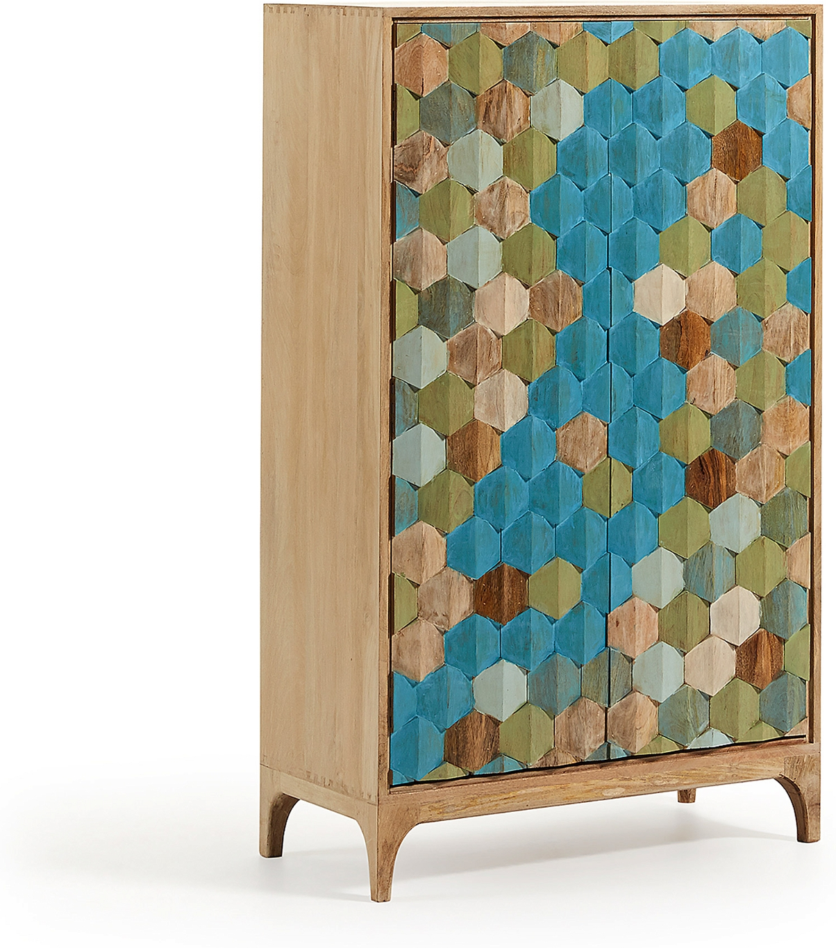 Skab Kyle fra Kave Home i massivt mangotræ med håndudskårne flerfarvede låger HxBxD 140x40x85 cm