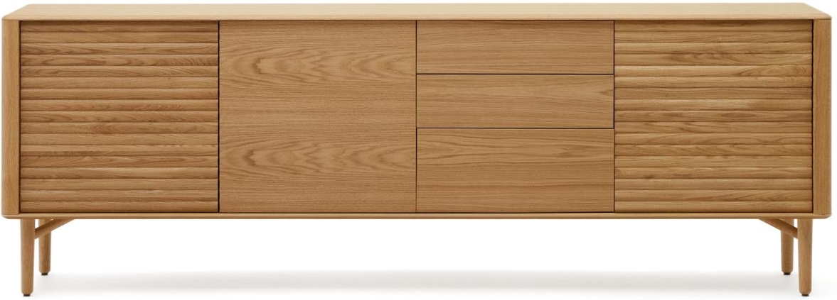 Skænk/opbevaringsskænk Kave Home Lenon i egetræsfinér med relieffer, 3 låger & 3 skuffer, nordisk design 200x45x86 cm