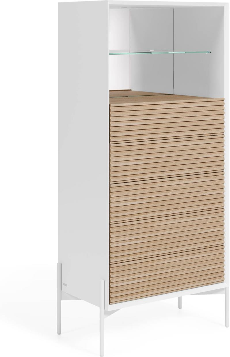 Kommode Kave Home Marielle Hvid - Moderne nordisk design med 5 soft-close skuffer, hærdet glas hylde og spejlbaggrund