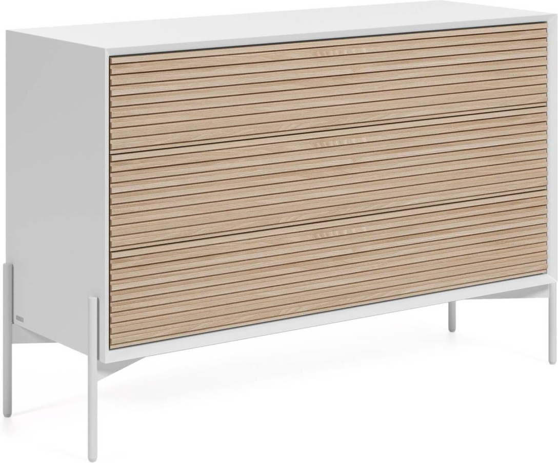 Kommode Kave Home Marielle 3 skuffer hvid/naturlig træ 118x40x77 cm moderne nordisk design