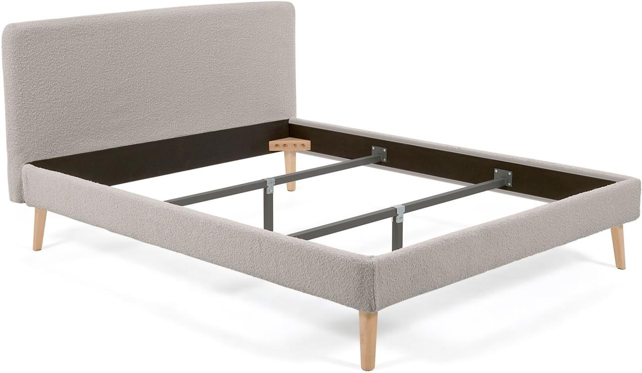 Sengeramme dobbeltseng Kave Home Dyla lysegrå stof 160x200 cm med bøgeben