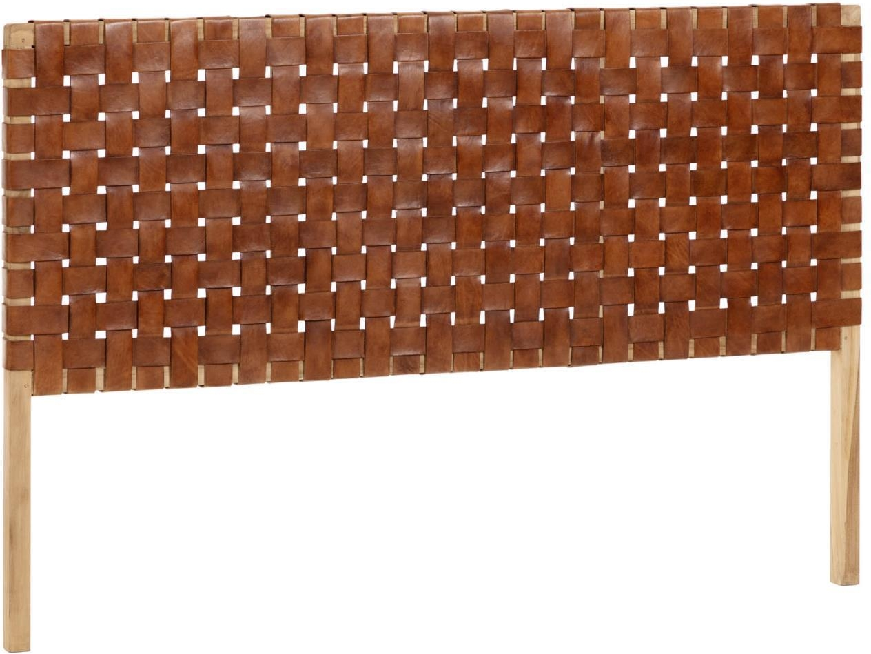 Sengegavl Kave Home Calixta rustik i teak og håndflettet brun læder til 135-150 cm seng