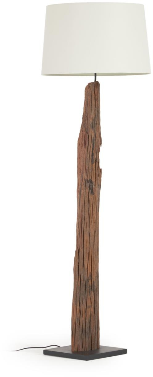 Gulvlampe Kave Home Powell rustik indendørs H175 cm naturtræsfod hvid bomuldsskærm genbrugstrædetaljer