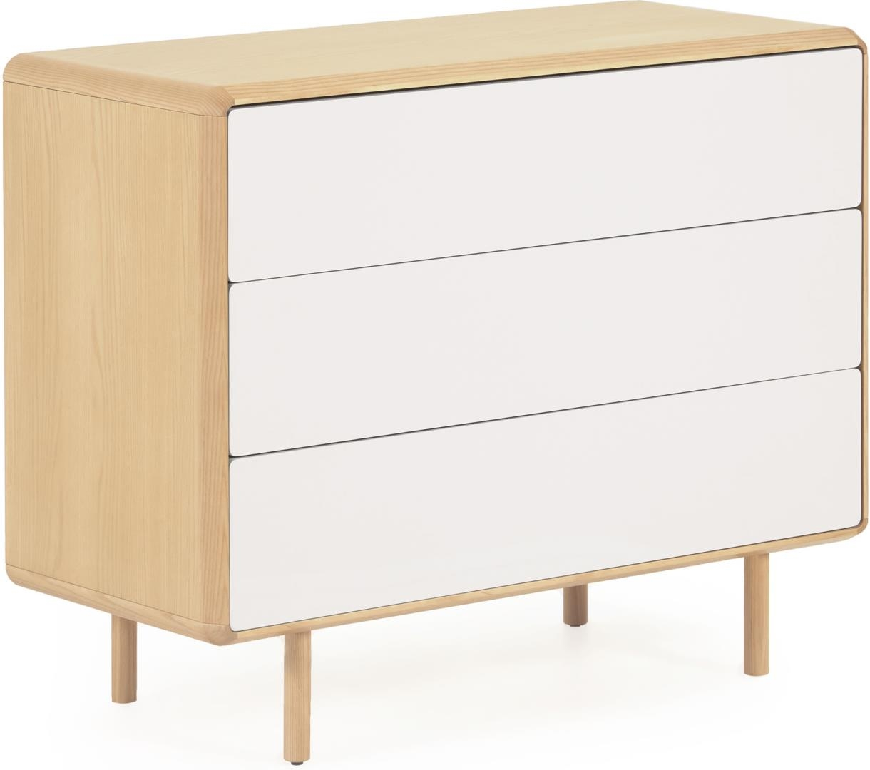 Kommode Kave Home Anielle - nordisk skuffemøbel i lavemissions finértræ med grå-hvid lakeret front, 3 skuffer soft-close, justérbare ben