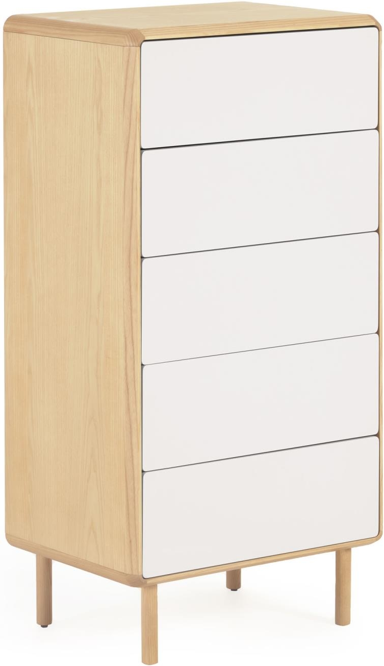 Kommode Kave Home Anielle - bæredygtig askefiner med gråhvid front, 117x60x42 cm, 5 skuffer push-to-open, soft-close