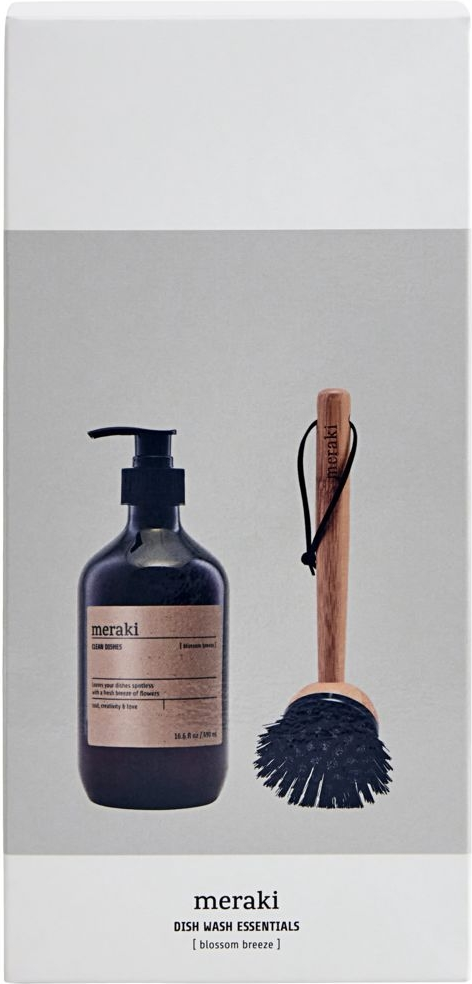 Gaveæske Meraki Blossom Breeze - opvaskebørste med bambusskaft & Svanemærket opvaskemiddel, sort/brun/grå