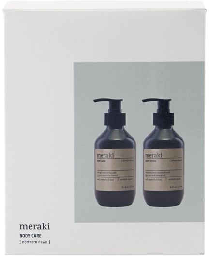 Gaveæske Meraki Northern Dawn gavepakke - Økologisk bodywash & bodylotion, 16,4x13,1x6,6 cm, hvid/sort/grå