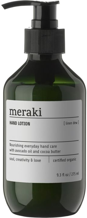 Håndlotion Meraki Linen Dew økologisk Ecocert Cosmos med aloe vera, kakaosmør & avocadoolie og E-vitamin