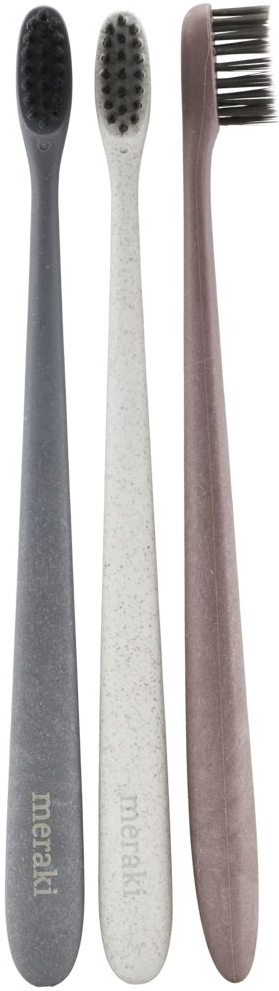 Tandbørstesæt Meraki Tandbørste 3-pak - bæredygtige hvedestråhåndtag, nylonblød børste, 18,5 cm, mix grå/hvid/bordeaux