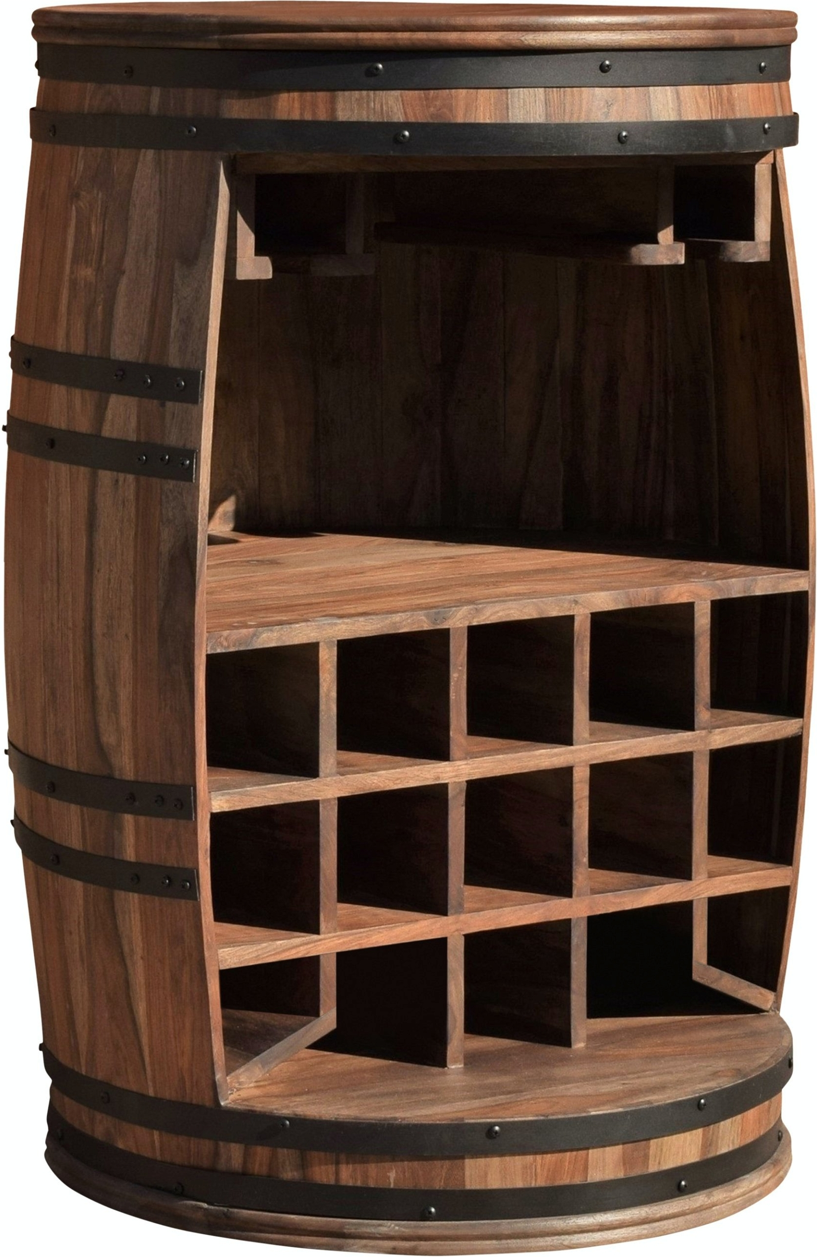 Barskab OBUZI Rosey rustic vintønde i massivt rosentræ og jernbånd, vinreol til 26 flasker med Ø58 cm bordplade