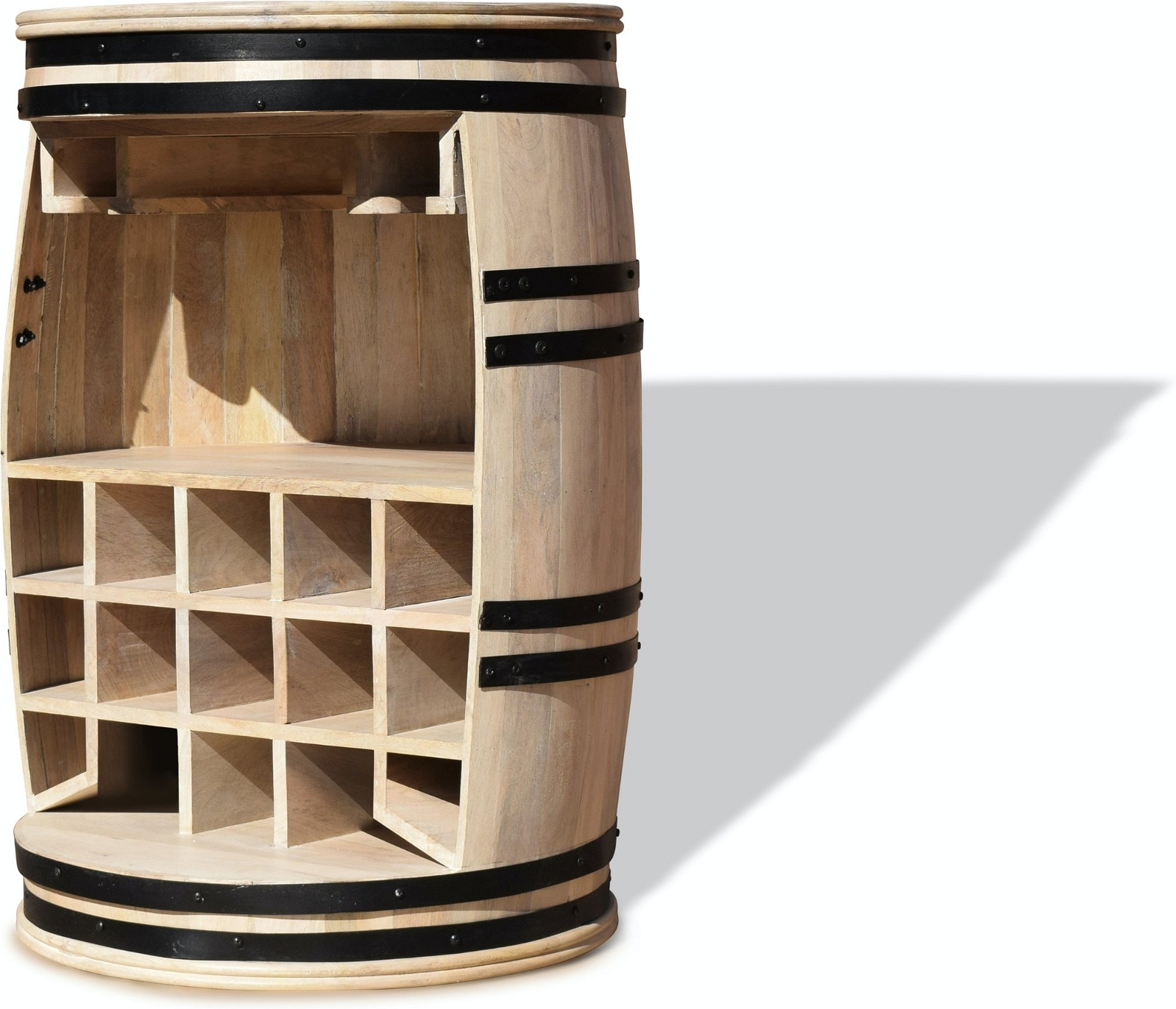 Vintønde barskab OBUZI Rosey Manga i mangotræ til 15 flasker med glasrække, hvid/sort