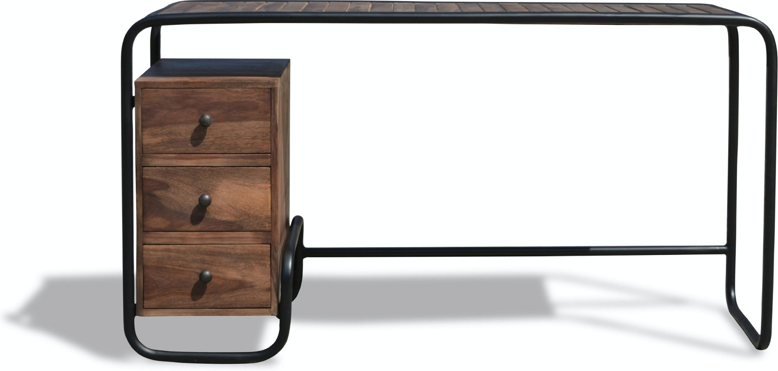 Skrivebord OBUZI Christiania Dark - arbejdsbord i rosentræ med jernramme, 3 skuffer, 140x45x74 cm, mørk natur/sort