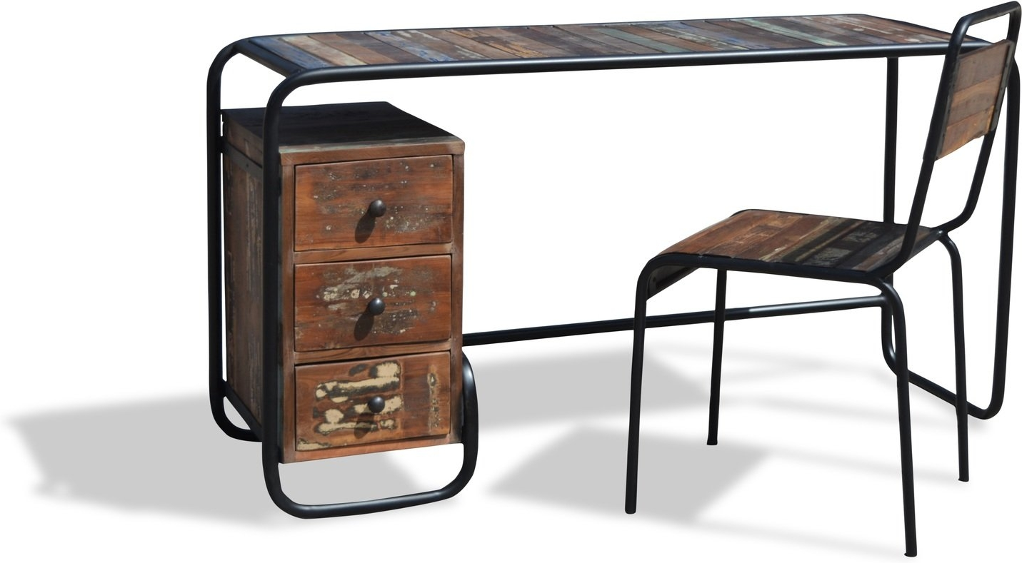 Skrivebord OBUZI Christiania Hip - rustikt genbrugstræ & jernramme, tre skuffer, H74×B140×D45 cm, multifarvet bæredygtigt design