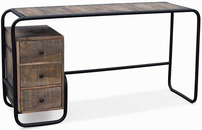 Skrivebord OBUZI Christiania Raw - nordisk kontormøbel i mørkt mangotræ & sort jernramme, 140x45x74 cm