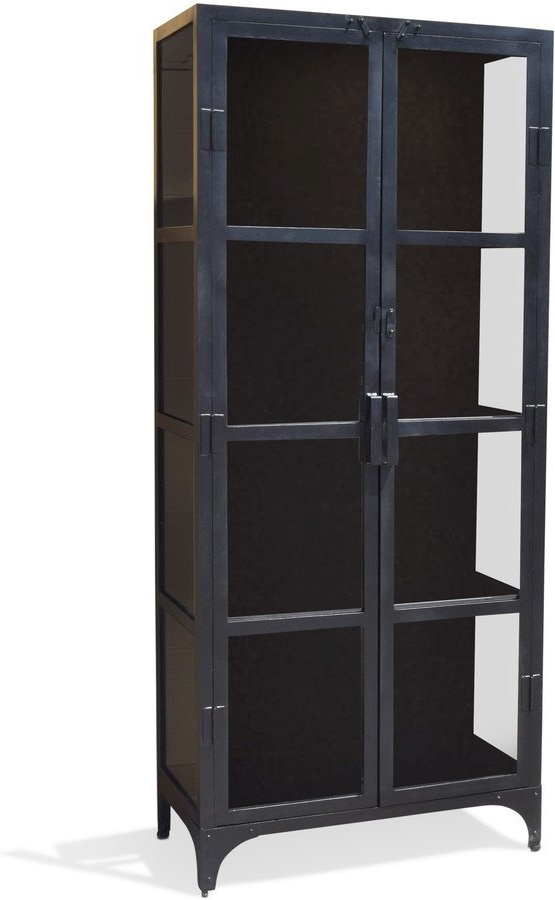 Vitrineskab OBUZI Factoria, sort jern og glas, H185×B80×D40 cm