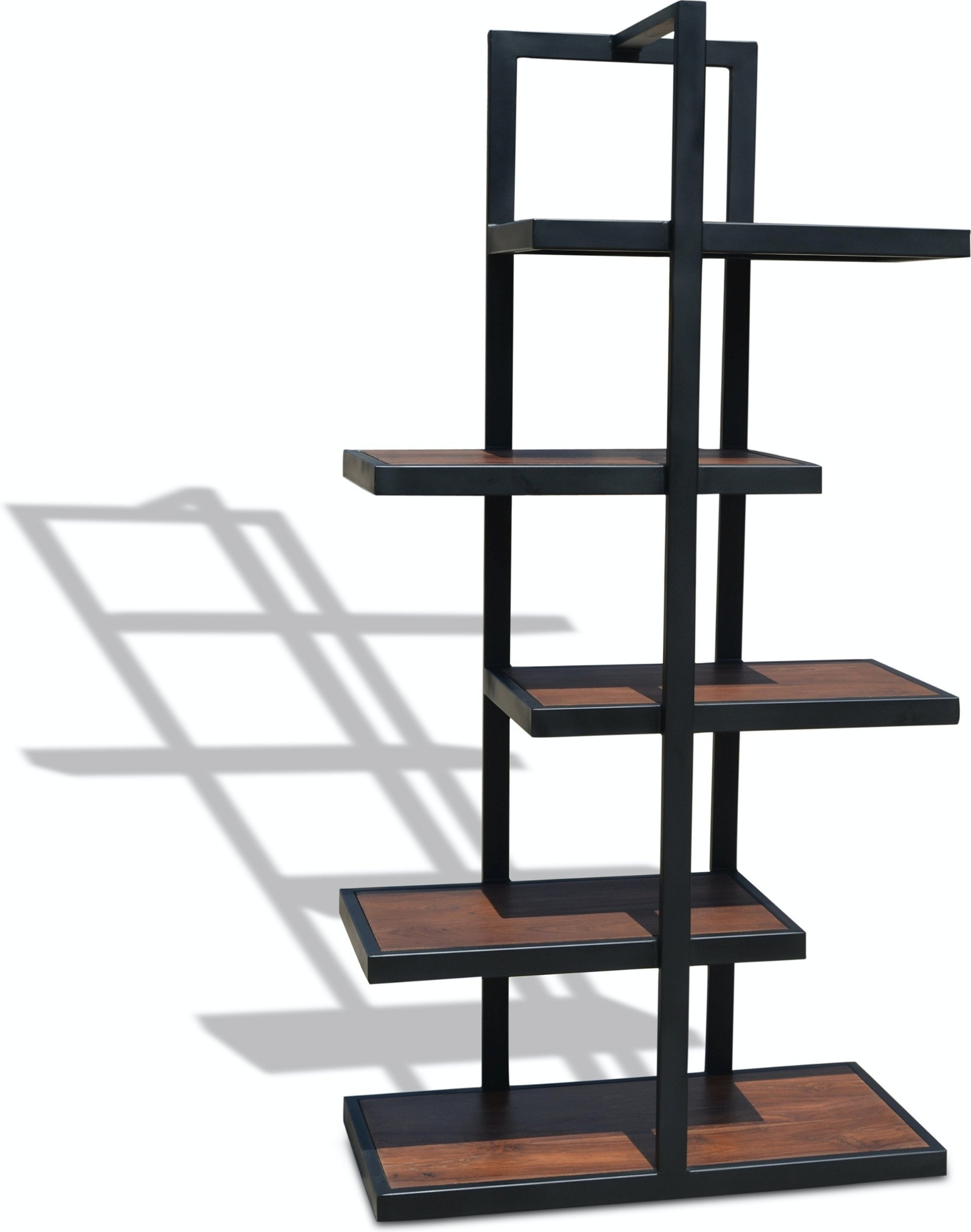 Reol OBUZI HayFay HayStack hyldereol i massivt rosentræ og jernramme, mørk natur og sort, 5 hylder, 160×80×40 cm