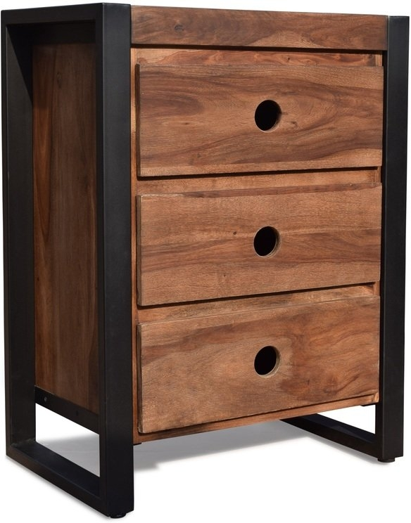 Kommode OBUZI HayFay - rosentræ med genbrugsjernramme, 3 letglidende skuffer, 80×40×60 cm, mørk natur/sort