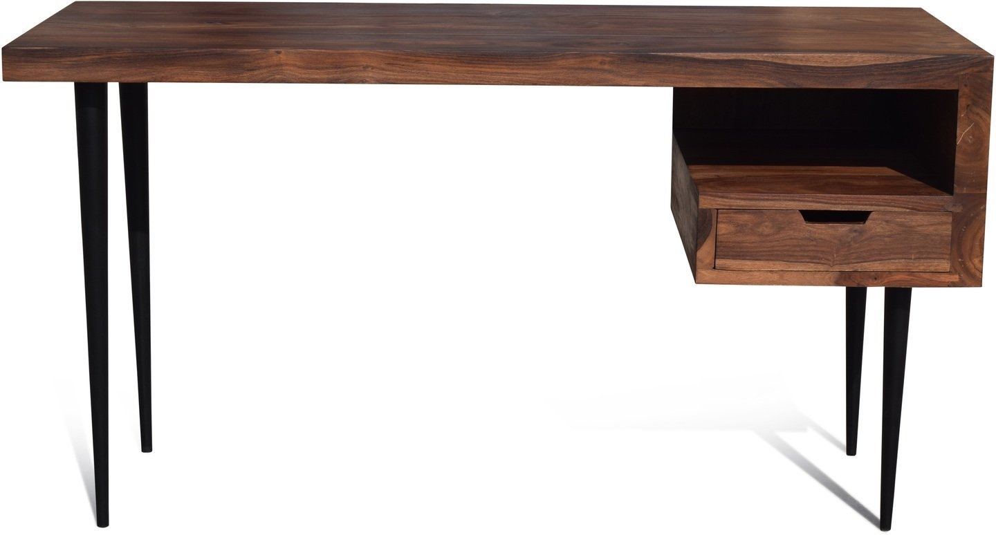 Skrivebord OBUZI HayFay Retro i massivt rosentræ med hylde & skuffe - 140x50 cm, mørk natur/sort stel