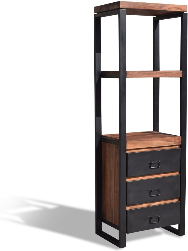 Reol OBUZI HayFay-Rex i massivt rosentræ og jern, mørk natur/sort opbevaringsreol med skuffer H180×B60×D40 cm