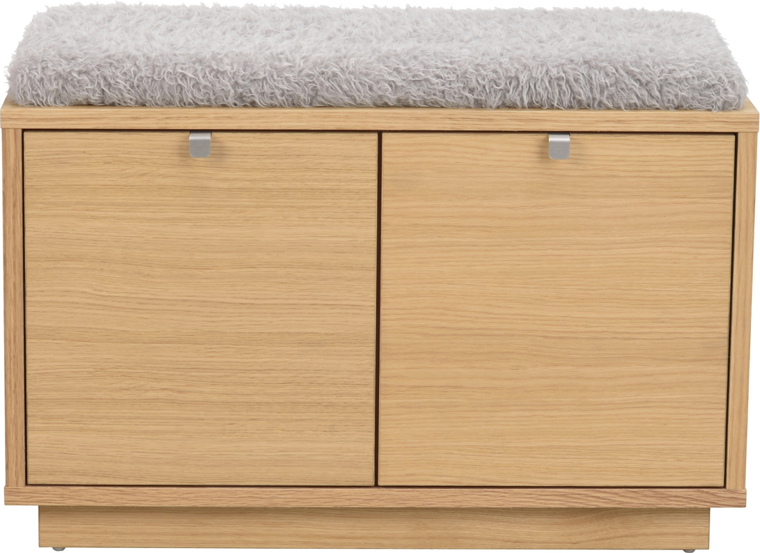 Entrébænk Rowico Confetti i olieret egetræ med lysegrå imiteret pels hynde og 2 skjulte opbevaringsskuffer