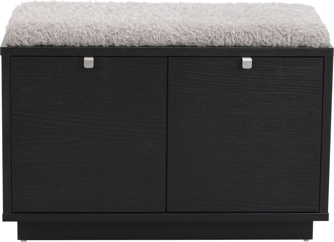 Entrébænk Rowico Confetti med opbevaring i sortlakeret eg og grå kunstpels - 45×70×35 cm