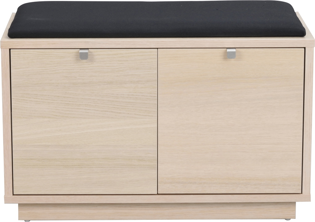Entrébænk Rowico Confetti i hvidvasket egetræ med sort Optex Notice I-stof og to skuffer H45×B70×D35 cm