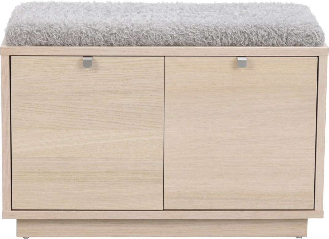 Entrébænk Rowico Confetti hvidvasket egetræ grå kunstpels med 2 skuffer H45xB70xD35 cm