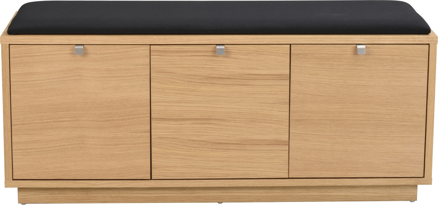 Entrébænk Rowico Confetti i olieret egetræ med sort polstret Optex-hynde B106×D35×H45 cm med 3 skjulte skuffer