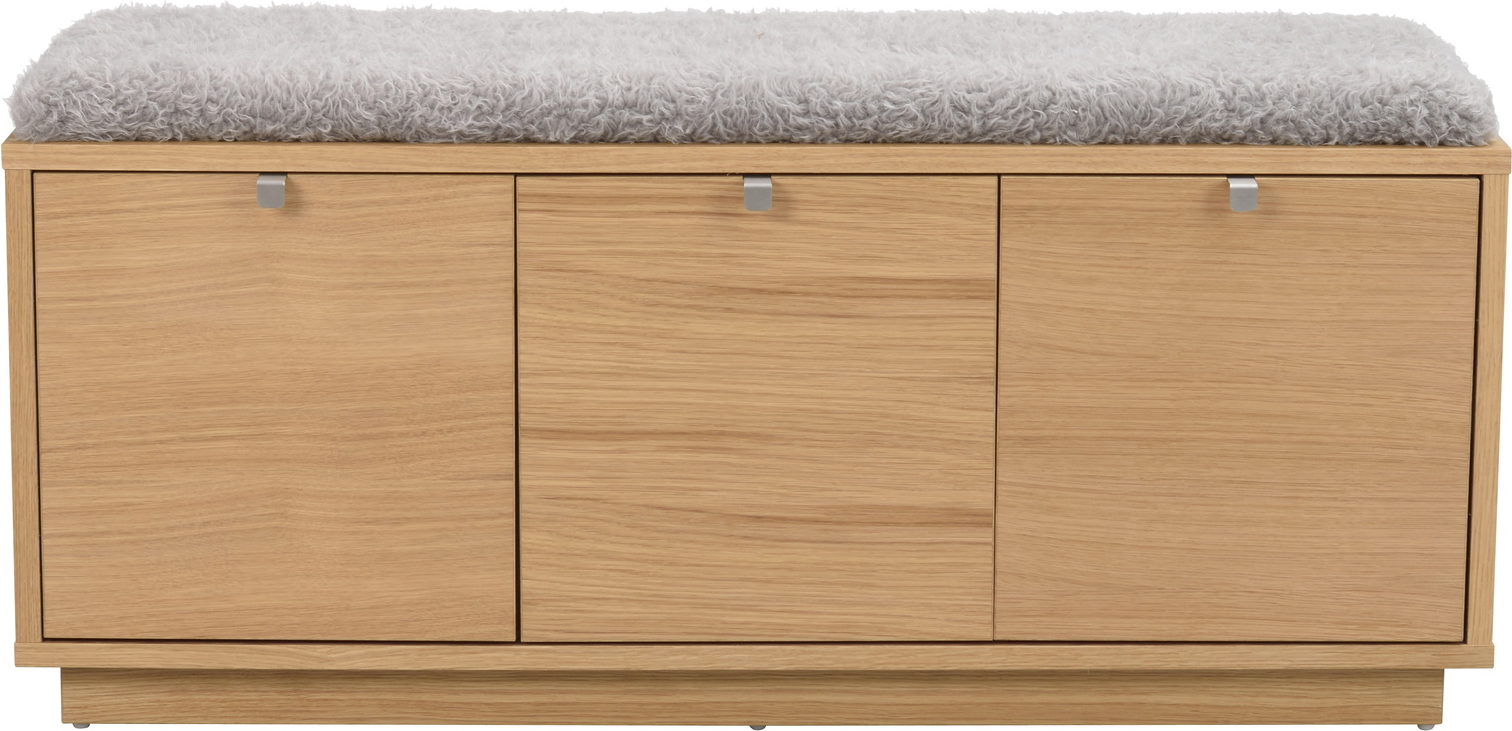 Entrébænk Rowico Confetti - olieret egefiner & lysegrå kunstpels, 3 opbevaringsskuffer, 45×106×35 cm