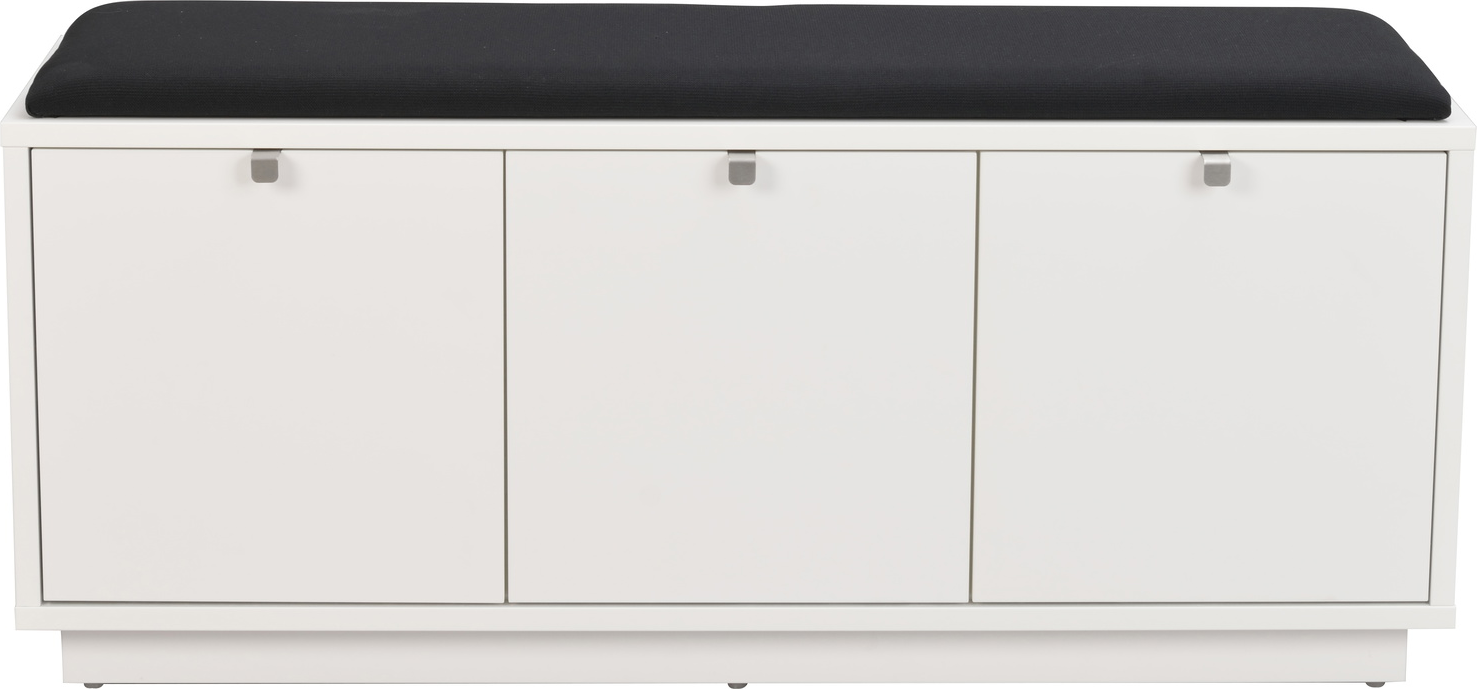 Entrébænk Rowico Confetti hvid/sort med 3 skjulte skuffer, lakeret MDF og sort Optex Notice I stofsæde H45×B106×D35 cm