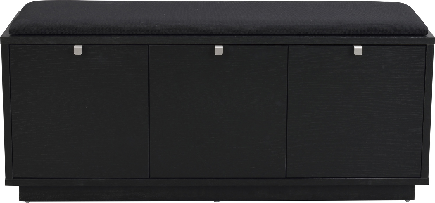 Entrébænk Rowico Confetti opbevaringsbænk 3 skuffer sortlakeret egetræ med stofhynde H45×B106×D35 cm