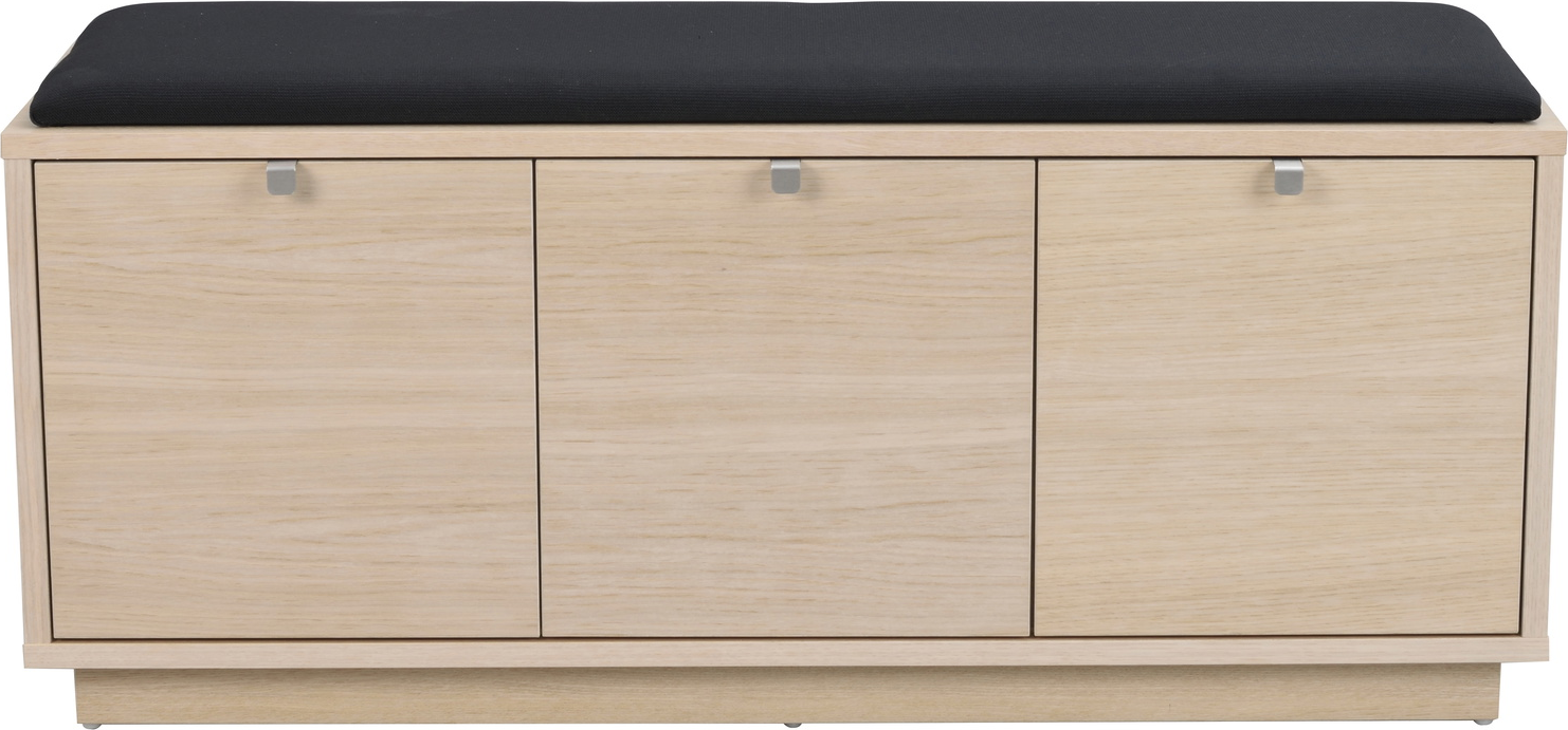 Entrébænk Rowico Confetti opbevaringsbænk i hvidvasket egetræsfiner med sort stof H45×B106×D35 cm