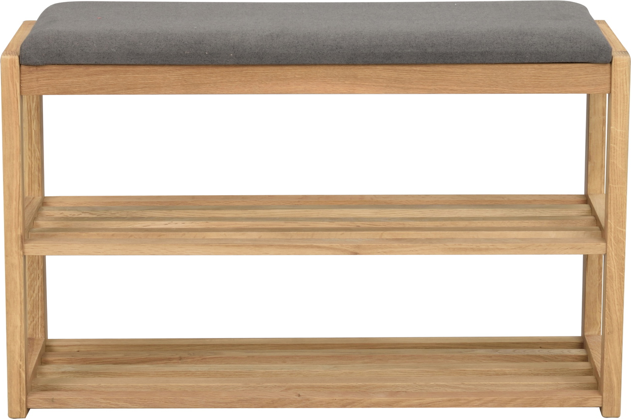 Entrébænk Rowico Confetti i massiv olieret eg med mørkegrå stofpude og opbevaringshylder H52xB80xD30