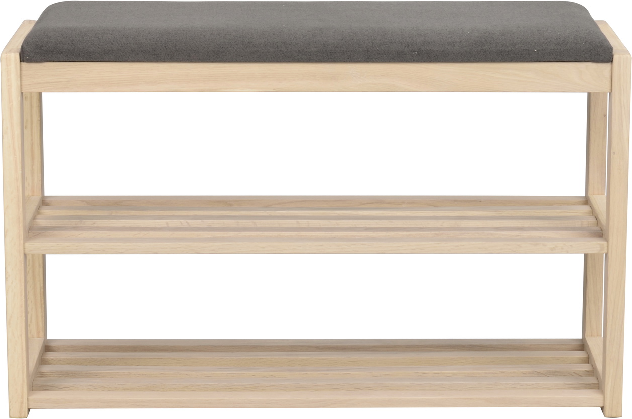 Entrébænk Rowico Confetti i hvidvasket egetræ med mørkegrå polstret sæde og to skohylder