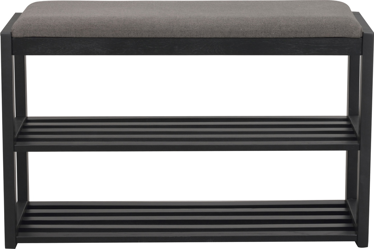 Entrébænk Rowico Confetti i sort lakeret egetræ og mørkegråt stof med 2 lamelhylder H52×B80×D30 cm