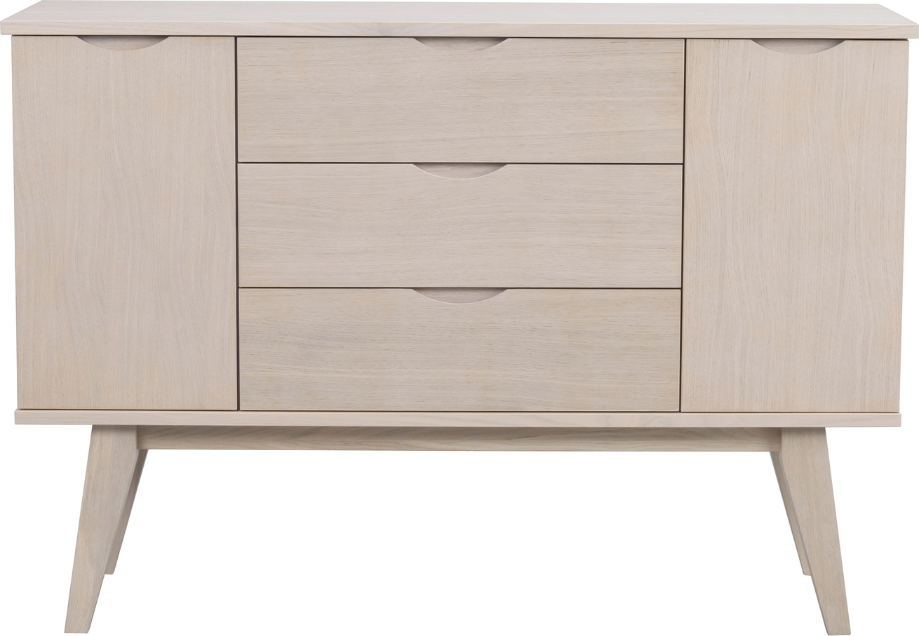 Skænk Rowico Filippa i hvidkalket eg med push-open skuffer & flytbare hylder H85×B122×D40 cm