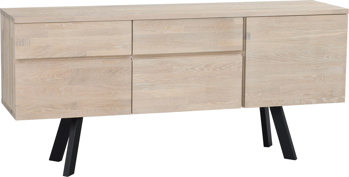 Skænk Rowico Fred hvidkalket FSC-eg med børstet ståltop og sorte metalben 79×170×42 cm soft-close låger & push-open skuffer