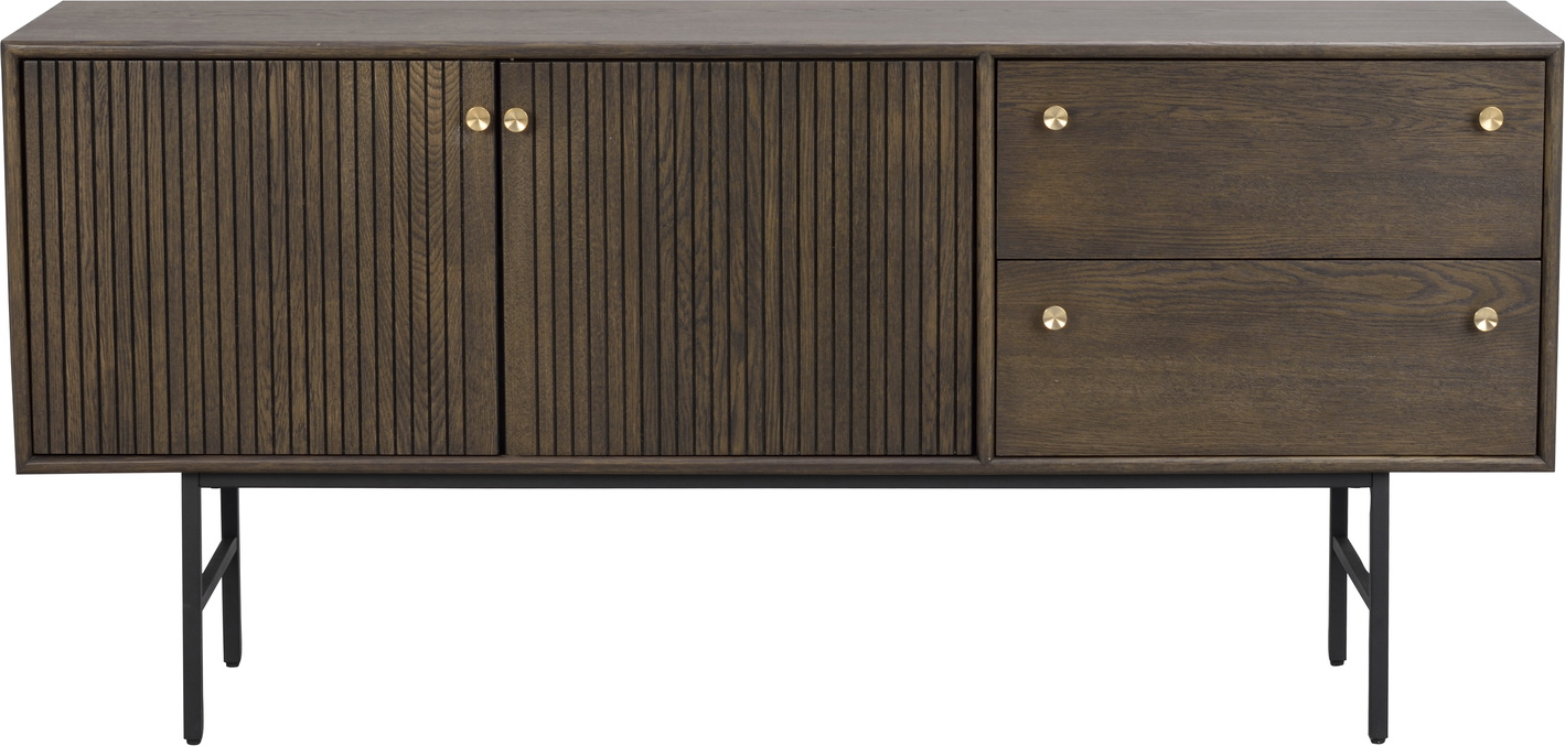 Skænk Rowico Clearbrook i brunlakeret egetræsfinér med sorte metalben og justerbare hylder H75xB160xD42 cm