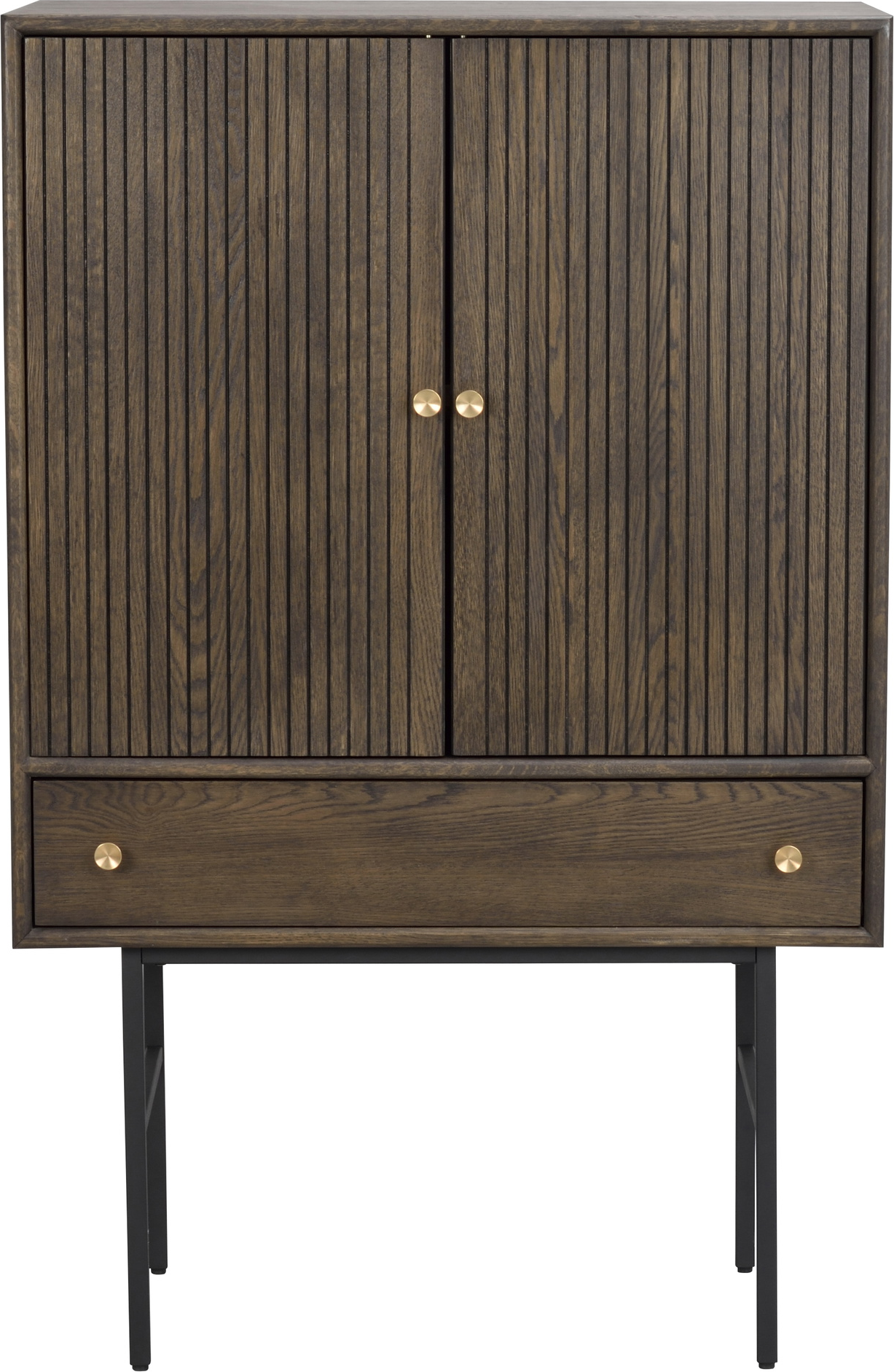 Højskab Rowico Clearbrook i lakeret egetræsfiner og pulverlakeret metalstel, brun/sort, 125x79x42 cm