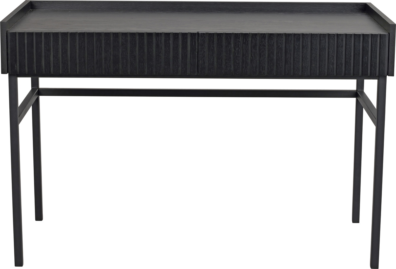 Skrivebord Rowico Halifax i sort egfinér med egetræslister, softluk skuffer og guldfinish greb 120x61x82 cm