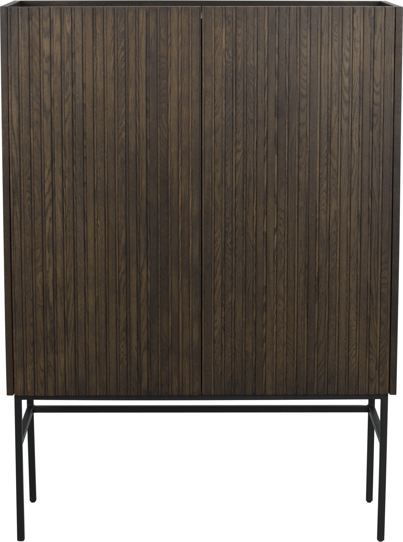 Højskab Halifax fra Rowico i brun egfinér og massivt egetræ med sort metalstel soft close-døre